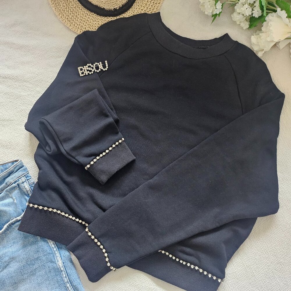 B-Sharp Black Rhinestone Trim Oversized Sweatshirt Heavyweight Embellished Pullo